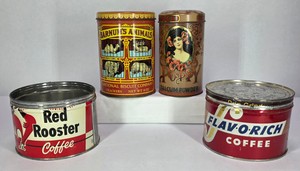 Vintage Advertising Tins Red Rooster Flav-O-Rich Barnums Animals &amp Poppy