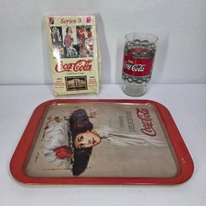 Lot of 3 Coca-Cola Collectibles Vintage-Style Serving Tray Glass & Series 8 Cards