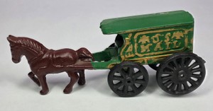 Vintage Cast Iron Horse-Drawn Green Wagon Toy