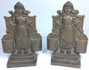 Pair of Antique-Style Cast Metal Dutch Girl Water Carrier Bookends