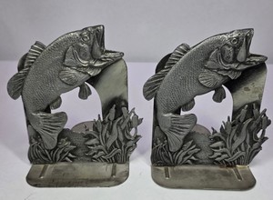 Pair of Cast Metal Largemouth Bass Fish Bookends