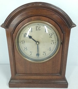 Vintage Wood Tambour Mantel Clock with Hinged Glass Bezel