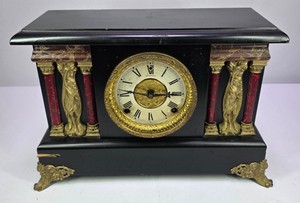 Antique Black Mantel Clock with Roman Numeral Dial & Ornate Columns