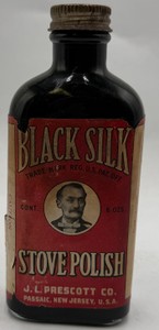 Vintage Black Silk Stove Polish Bottle J.L. Prescott Co. Passaic New Jersey