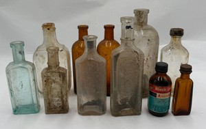 Lot of Vintage Glass Medicine Apothecary Bottles Amber Aqua Clear