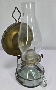 Vintage Glass Oil Lamp with Chimney & Brass Wall Reflector