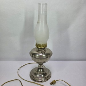 Vintage Electric Hurricane Lamp Silver Tone Base with Frosted Glass Chimney