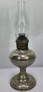 Vintage Brass Oil Lamp with Clear Glass Chimney & Ornate Burner