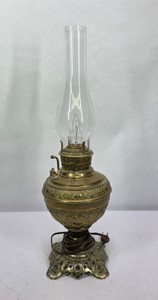 Vintage Ornate Brass Electric Oil Lamp Style Table Lamp with Glass Chimney