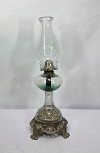 Vintage Clear Glass Oil Lamp with Ornate Metal Footed Base