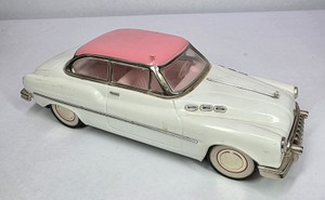 Vintage Buick Tin Litho Friction Toy Car White & Pink