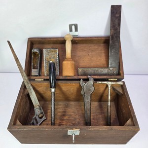 Vintage Wooden Tool Box with Assorted Hand Tools Files Wrench Plane