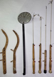 Lot of Vintage Ice Fishing Rods, Wooden Tip-Ups & Metal Ice Skimmer