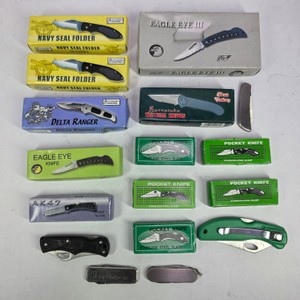 Large Lot of Pocket Knives Navy Seal Folder Eagle Eye III Delta Ranger & Assorted Boxed Knives