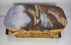 Vintage Woven Picnic Basket with Hinged Scenic Wood Lid & Fabric-Lined Interior