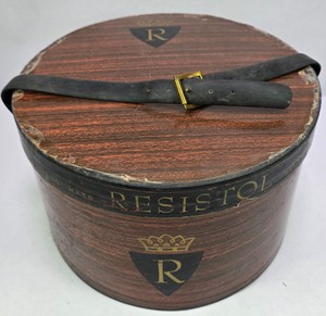 Vintage Resistol Cowboy Hat Storage Box  Red Felt Interior with Strap & Woodgrain Finish