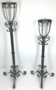 Pair of Vintage Tall Wrought Iron Pedestal Basket Stands  Scrollwork Floor Candle or Plant Stand