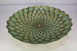 Decorative Green & Gold Leaf Pattern Centerpiece Bowl  Scalloped Botanical Design