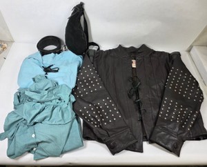 Lot of Renaissance Medieval Costume Clothing Studded Leather Jacket Shirts Belt & Wineskin