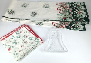 Lot of Christmas Holiday Table Linens Holly Floral Tablecloth Napkins & Glass Bell Dish