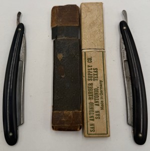 Lot of 2 Vintage Straight Razors with Original Boxes Crown & San Antonio Barber Supply