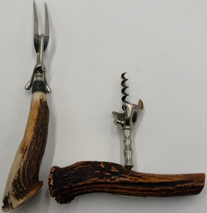 Lot of 2 Antler Handle Bar Tools Carving Fork & Corkscrew Bottle Opener