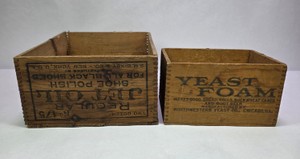 Lot of 2 Vintage Wooden Advertising Crates Yeast Foam & Brown Shoe Polish