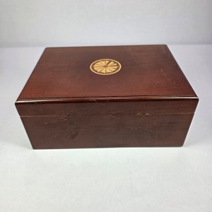 Vintage Wooden Keepsake Jewelry Box with Brass-Tone Medallion