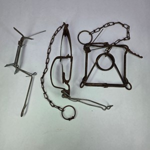 Lot of Vintage Steel Animal Traps with Chains & Spring Trap Hardware