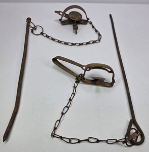 Vintage Steel Animal Traps with Chains & 2 Trap Setting Stakes