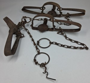3 Vintage Steel Animal Traps with Chains & Ring Hardware