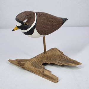 Hand Carved Plover Shorebird Decoy Figurine on Driftwood Base