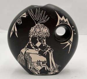 Signed Buffalo Dancer Black Pottery Vase Acoma New Mexico