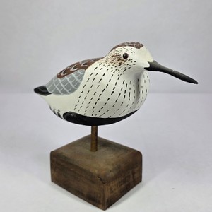 Hand Carved Spotted Shorebird Sandpiper Wooden Decoy on Block Base