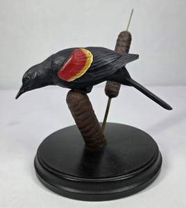Hand Carved Red-Winged Blackbird Figurine on Cattail Base