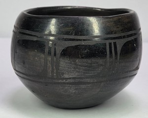 Vintage Blackware Pottery Bowl with Geometric Etched Design