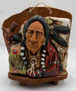 Native American Chief Figural Wall Plaque with Wood Display Shelf
