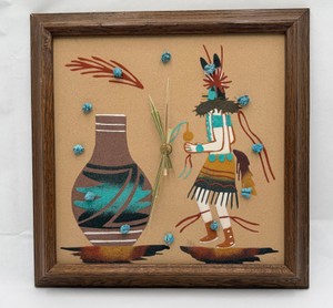 Framed Southwestern Native American Sand Art Clock with Turquoise Stones accents.&nbsp