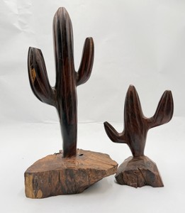Pair of Hand Carved Wood Saguaro Cactus Sculptures on Natural Wood Bases