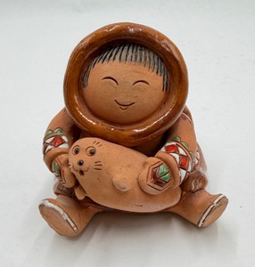 Vintage Alaska Native Style Pottery Mother & Child Figural Whistle Signed