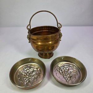Lot of 3 Vintage Brass Grape Motif Bucket Planter & Decorative Dishes