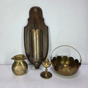 Lot of Vintage Brass Decor Oil Lamp Basket Vase & Wall Match Holder