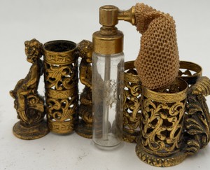 Vintage Gold Tone Filigree Vanity Perfume Atomizer & Lipstick Holder Set