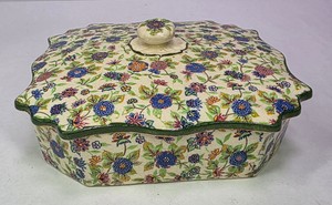 Vintage Floral Chintz Ceramic Covered Serving Dish Divided Interior