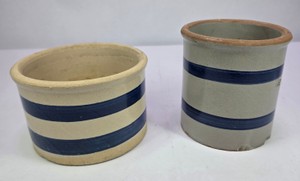 Lot of 2 Vintage Blue Stripe Stoneware Pottery Crocks