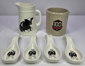 Vintage FDA (First District Association) Dairy Cow Advertising Pottery Mugs Pitcher &amp Spoon Rests