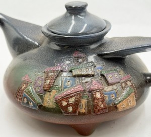 Vintage Japanese Village Scene Ceramic Teapot Raised Cottage Design