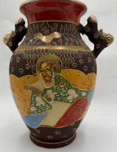 Vintage Japanese Satsuma Style Moriage Porcelain Vase Figural Geisha Samurai 8