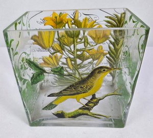 Yellow Bird & Lily Floral Decorative Glass Vase Planter 8