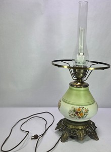 Vintage Floral Ceramic Electric Hurricane Lamp Brass Tone Ornate Base Glass Chimney